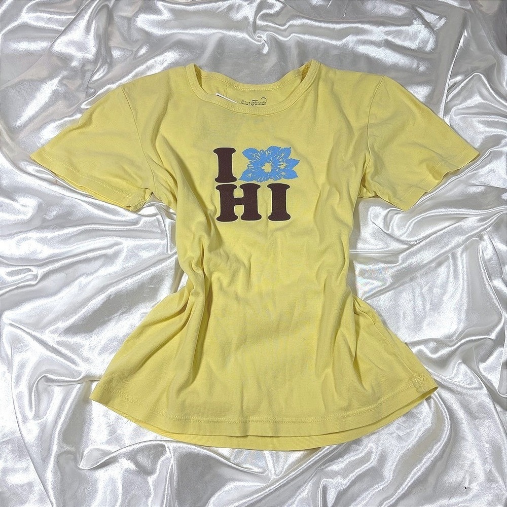 y2k T-Shirt Yellow Excellent PacSun I Love Hawaii Hibiscus Graphic Tee S